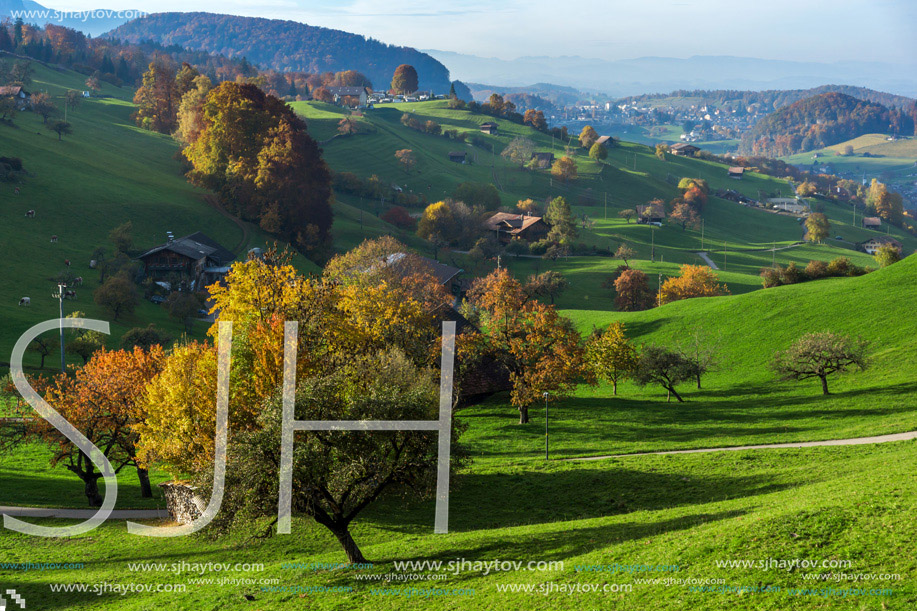 Autumn Landscape of typical Switzerland village near town of Interlaken, canton of Bern