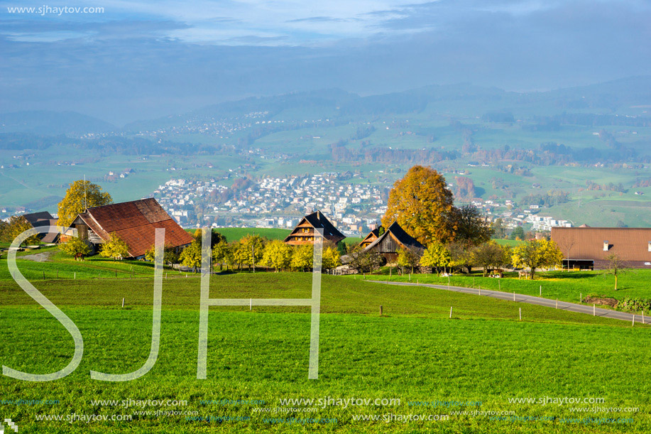 Green meadows above Lake Lucerne, near mount Rigi, Alps, Switzerland