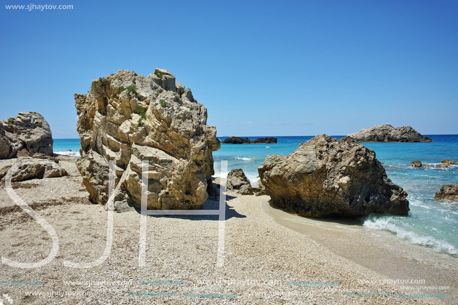 Stones over the sand of Megali Petra, Lefkada, Ionian Islands, Greece