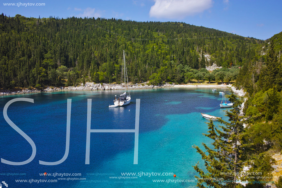 Amazing Panorama of foki fiskardo beach, Kefalonia, Ionian Islands, Greece