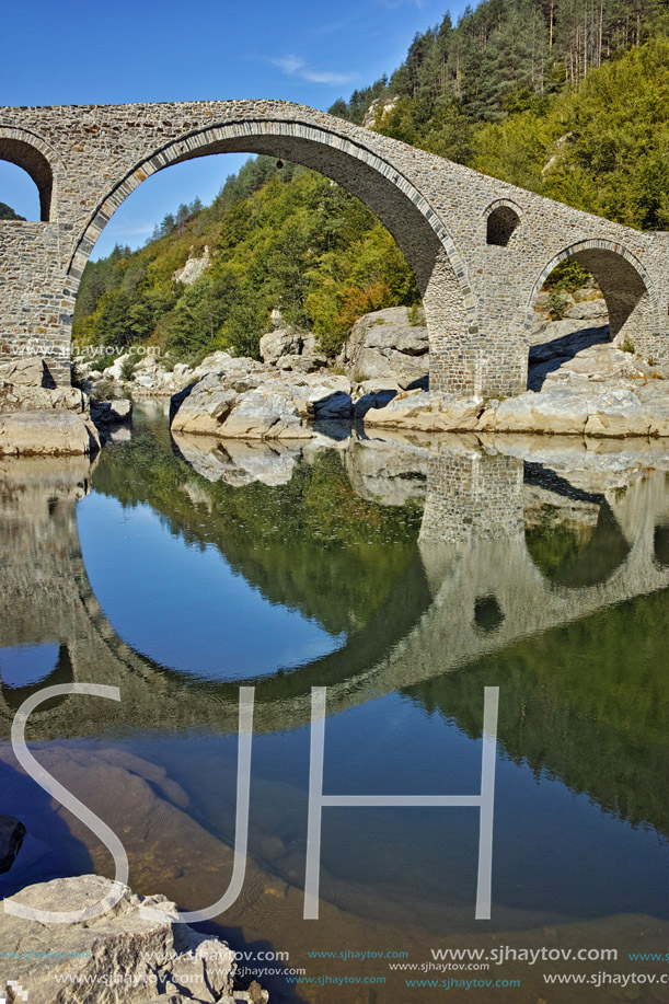 Amazing Reflection of Devil"s Bridge in Arda river, Kardzhali Region, Bulgaria