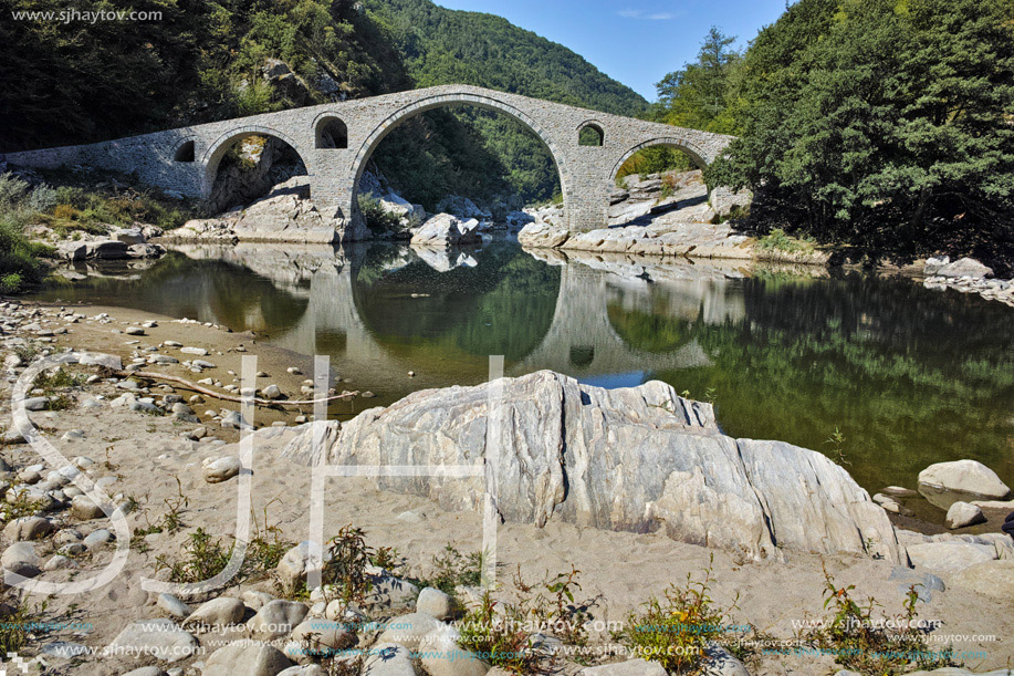 Amazing Reflection of Devil"s Bridge in Arda river and Rhodopes mountain, Kardzhali Region, Bulgaria