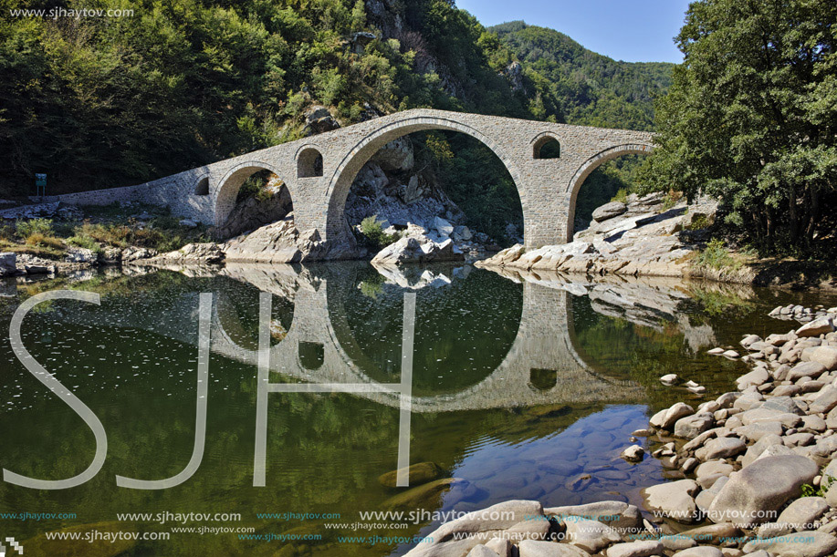 Amazing Reflection of Devil"s Bridge in Arda river and Rhodopes mountain, Kardzhali Region, Bulgaria