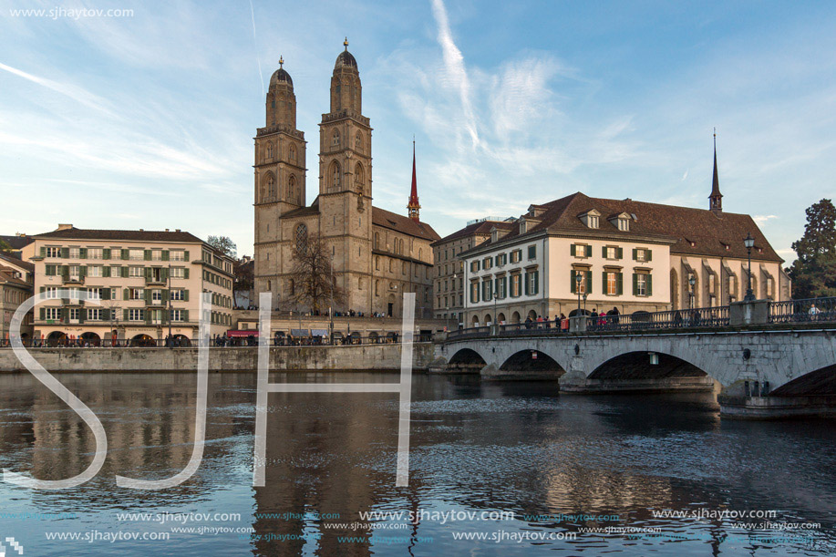 Reflection of Grossmunster church in Limmat River, City of Zurich, Switzerland
