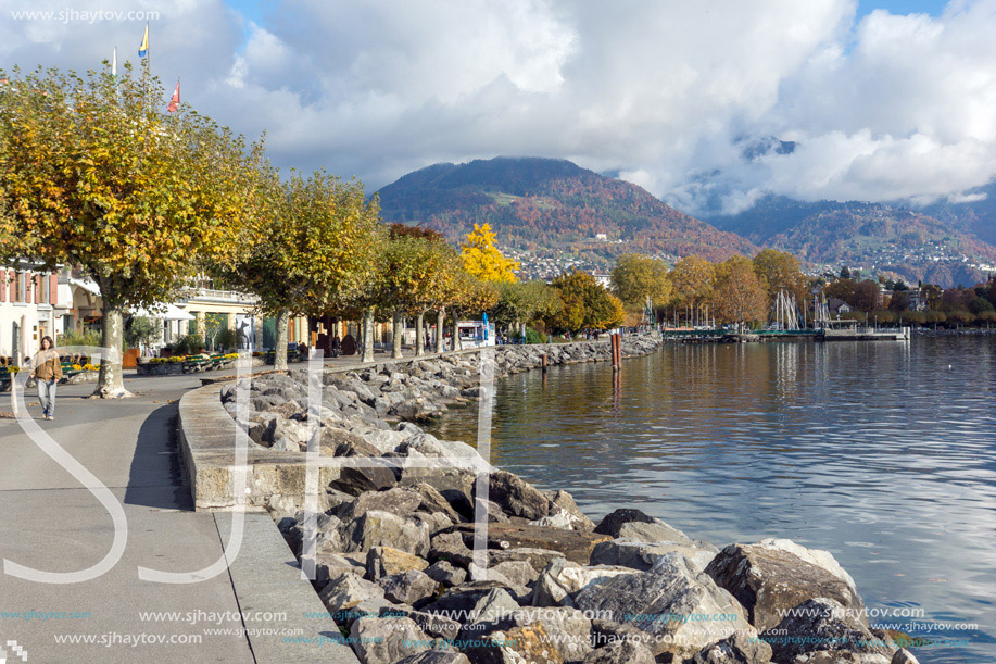 Autumn landscape of Embankment, Vevey, canton of Vaud, Switzerland