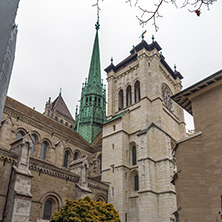 The front view of St. Pierre Cathedral in Geneva, Switzerland