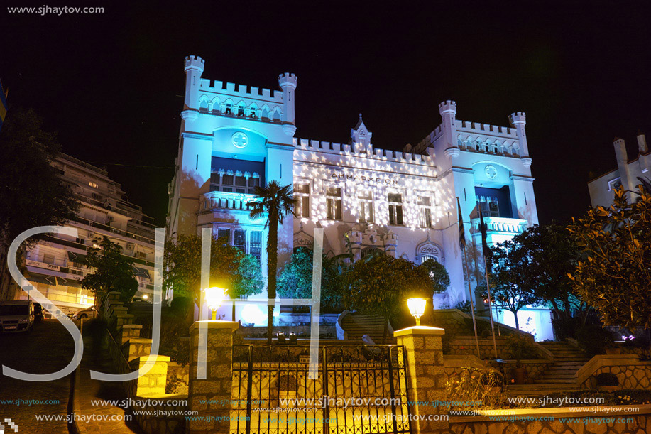 Night photo of town hall of Kavala, East Macedonia and Thrace, Greece