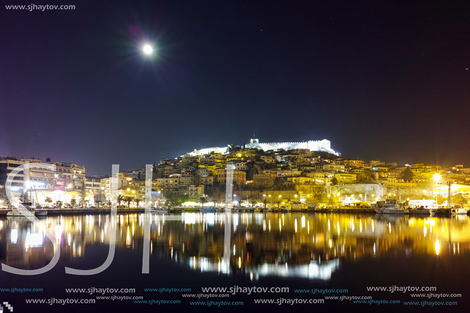 Amazing night photo of Kavala and moon over old town,  East Macedonia and Thrace, Greece