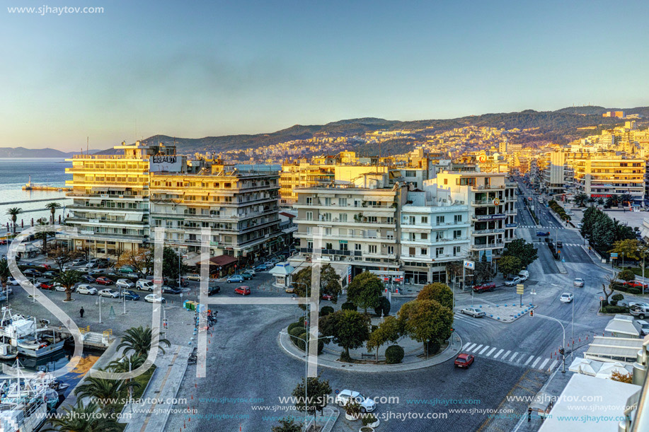 Amazing Sunrise Cityscape of port and old town of Kavala, East Macedonia and Thrace, Greece