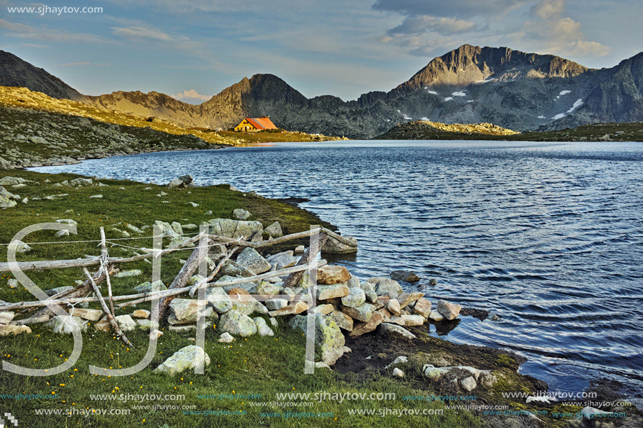 Sunset panorama of Tevno Lake and Kamenitsa peak, Pirin mountain, Bulgaria