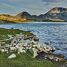 Sunset panorama of Tevno Lake and Kamenitsa peak, Pirin mountain, Bulgaria
