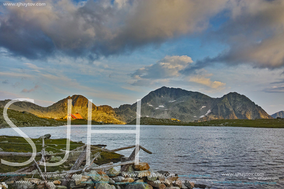 Amazing Sunset Landscape of Tevno Lake and Kamenitsa peak, Pirin mountain, Bulgaria
