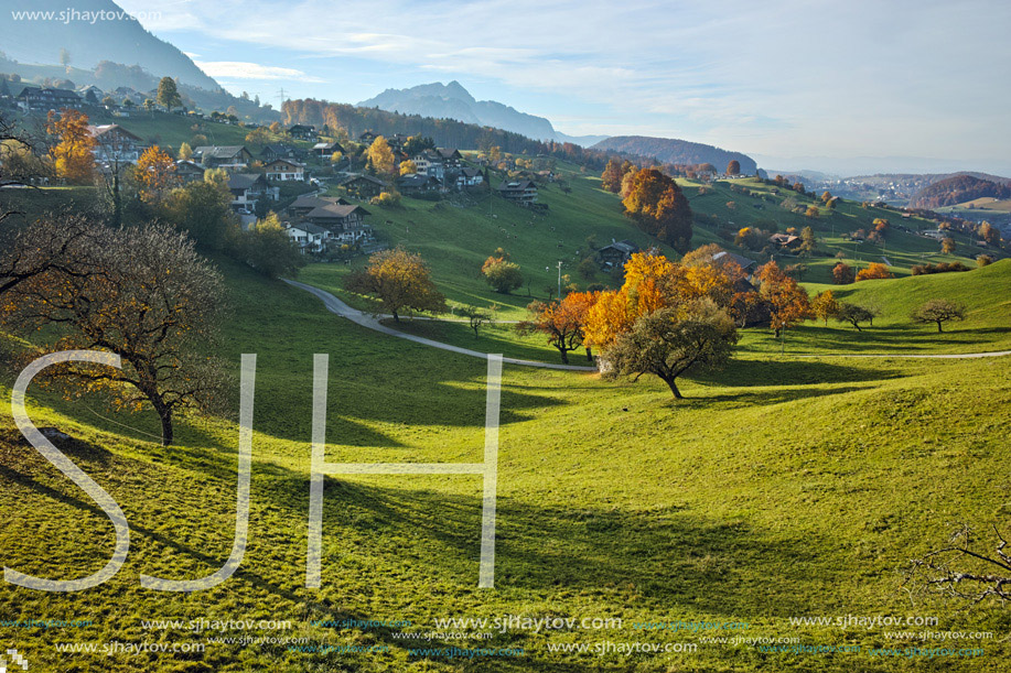 Amazing Autumn Landscape of typical Switzerland village near town of Interlaken, canton of Bern