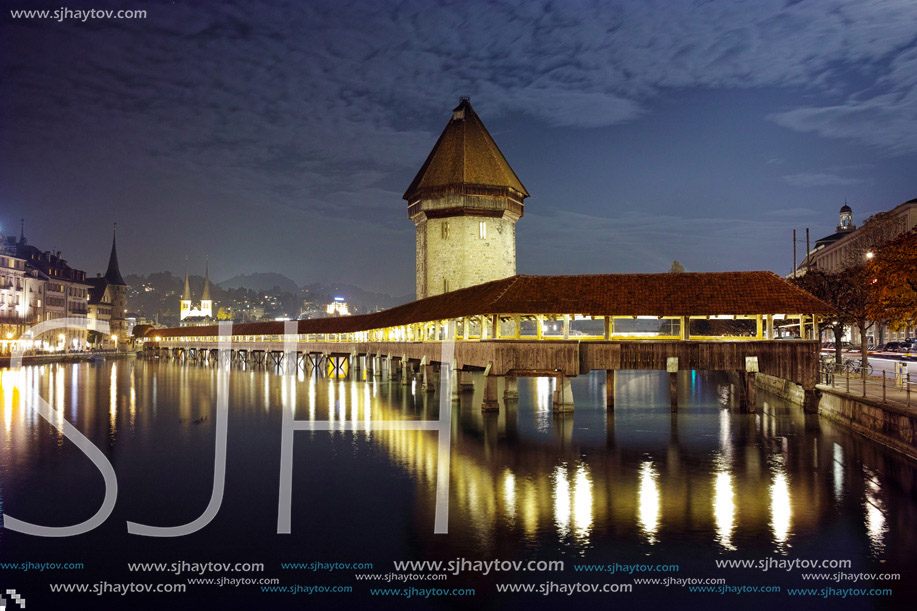 Night photos of Chapel Bridge in City of Lucern, Canton of Lucerne, Switzerland