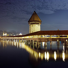 Night photos of Chapel Bridge in City of Lucern, Canton of Lucerne, Switzerland