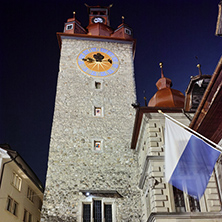 Night photo of Clock Tower in City of Lucern, Canton of Lucerne, Switzerland