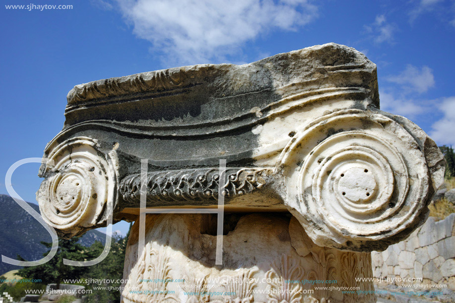 Close up view of Ancient column in Ancient Greek archaeological site of Delphi,Central Greece