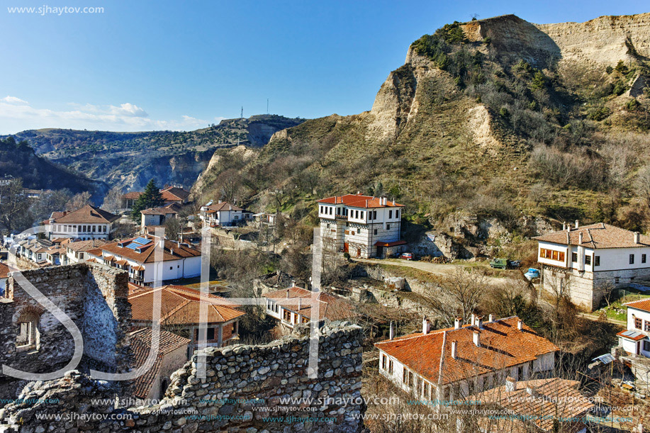 Panorama of ancient Melnik town from Ruins of Byzantine fortress, Blagoevgrad region, Bulgaria