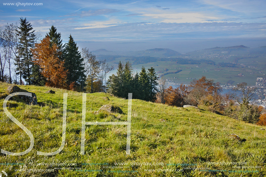 Autumn Landscape and fog over Lake Luzerne, Alps, Switzerland