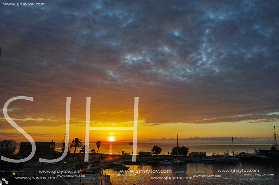 Sunrise at port of Zakynthos city, Ionian islands, Greece