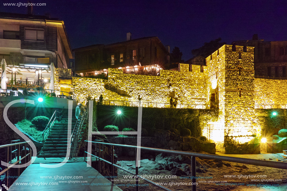 Night photo of ancient fortifications and old town of Sozopol, Burgas Region, Bulgaria
