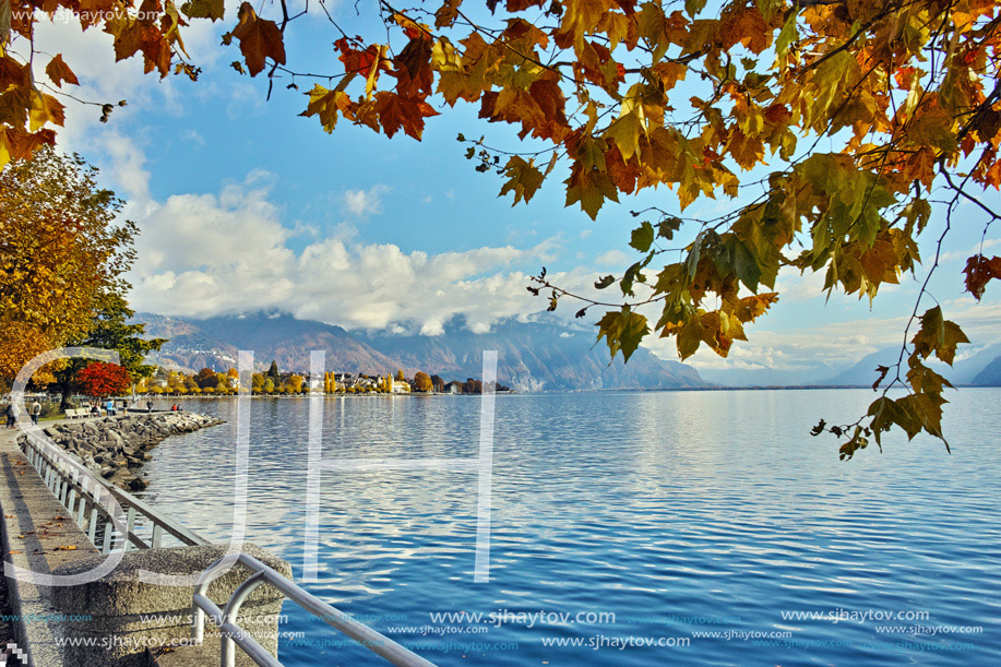 Amazing Panorama of embankment of town of Vevey and Lake Geneva, canton of Vaud, Switzerland