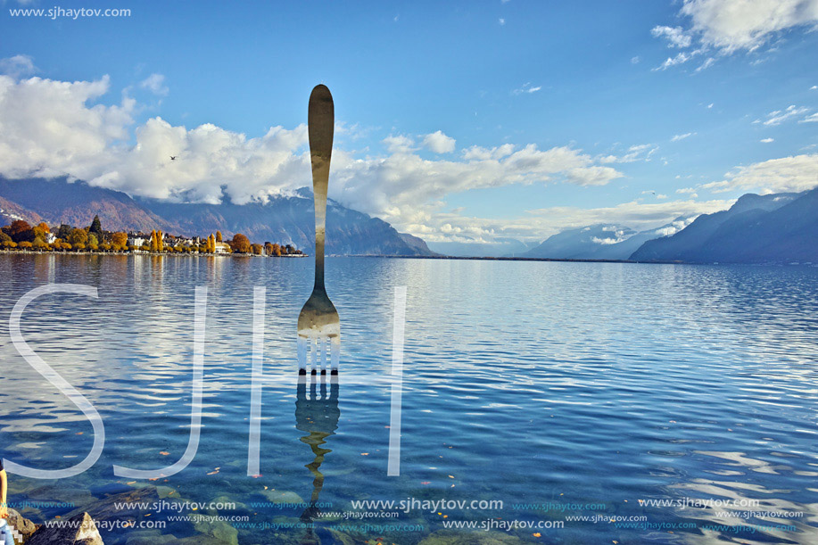 Panoramic view of Lake Geneva from town of Vevey, canton of Vaud, Switzerland