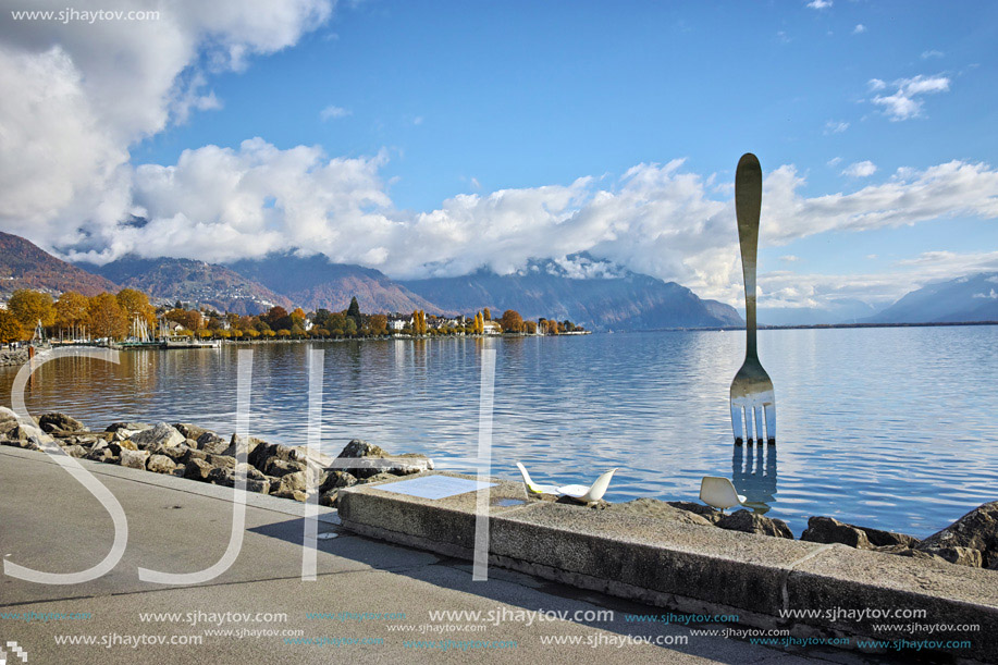 Panorama of Lake Geneva from town of Vevey, canton of Vaud, Switzerland