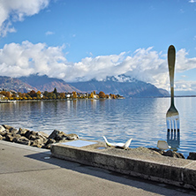 Panorama of Lake Geneva from town of Vevey, canton of Vaud, Switzerland