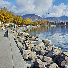 Autumn Landscape of embankment of town of Vevey and Lake Geneva, canton of Vaud, Switzerland