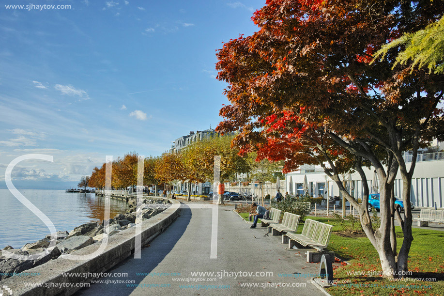 Amazing Autumn Landscape of embankment of town of Vevey and Lake Geneva, canton of Vaud, Switzerland