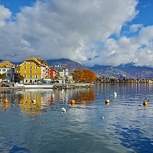 Panoramic view of town of Vevey and Lake Geneva, canton of Vaud, Switzerland