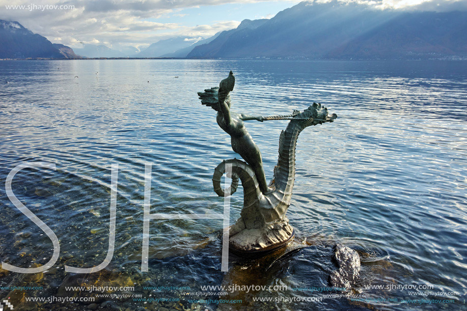 Autumn Landscape of Alps and Lake Geneva from town of Vevey, canton of Vaud, Switzerland