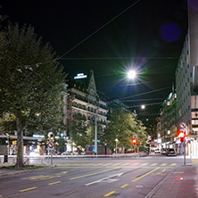 Night view of streets of city of Geneva, Switzerland