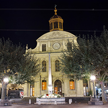 Night photo of Saint Joseph church in city of Geneva, Switzerland