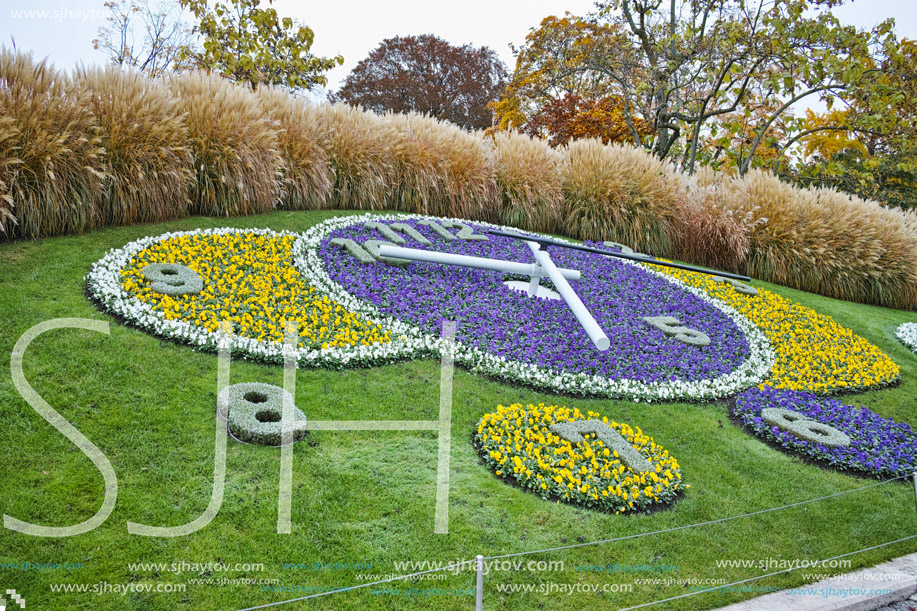 Amazing morning view of flower clock in City of Geneva,  Switzerland