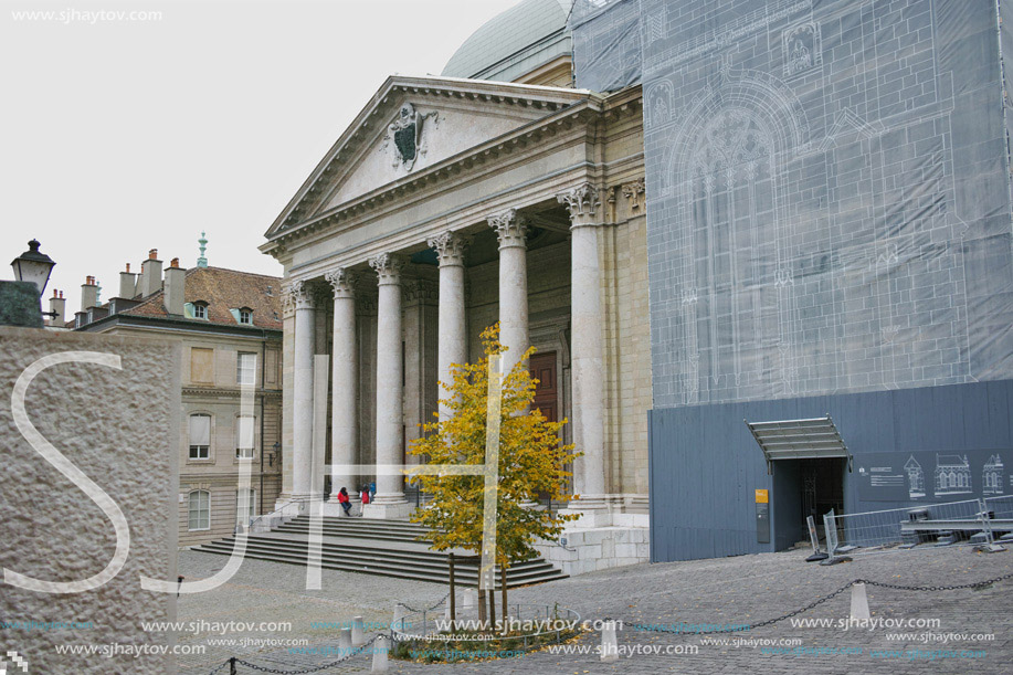 The front view of St. Pierre Cathedral in Geneva, Switzerland