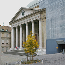 The front view of St. Pierre Cathedral in Geneva, Switzerland