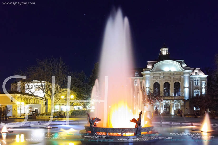 Night photos of Fountain in front of city hall in the center of Plovdiv, Bulgaria