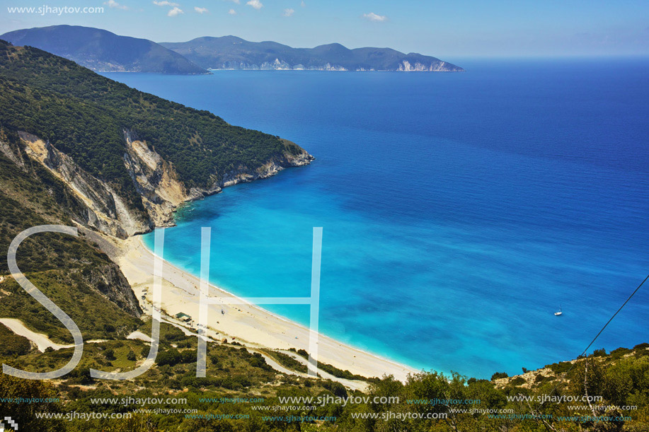 Panoramic View of beautiful Myrtos beach, Kefalonia, Ionian islands, Greece
