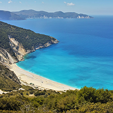 View of beautiful Myrtos bay road to beach, Kefalonia, Ionian islands, Greece