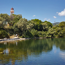 Reflection of church in karavomilos lake, Kefalonia, Ionian islands, Greece