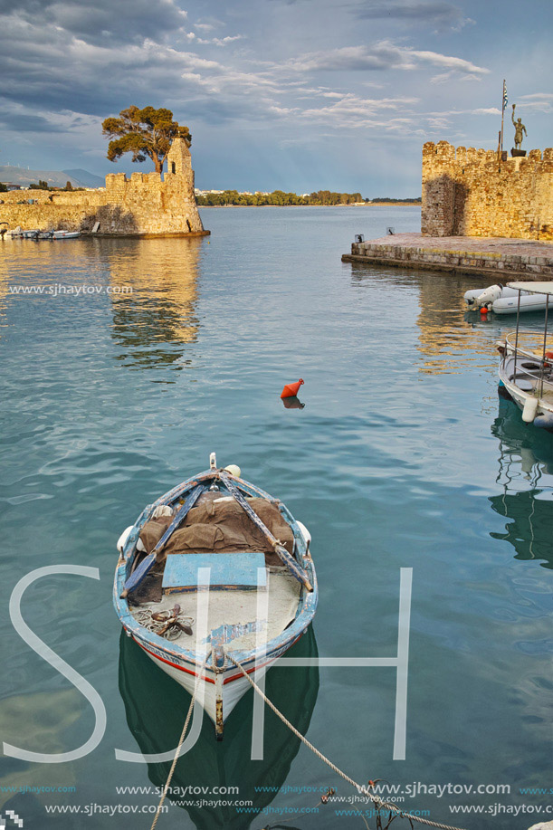 Sunset at the port of Nafpaktos town, Western Greece