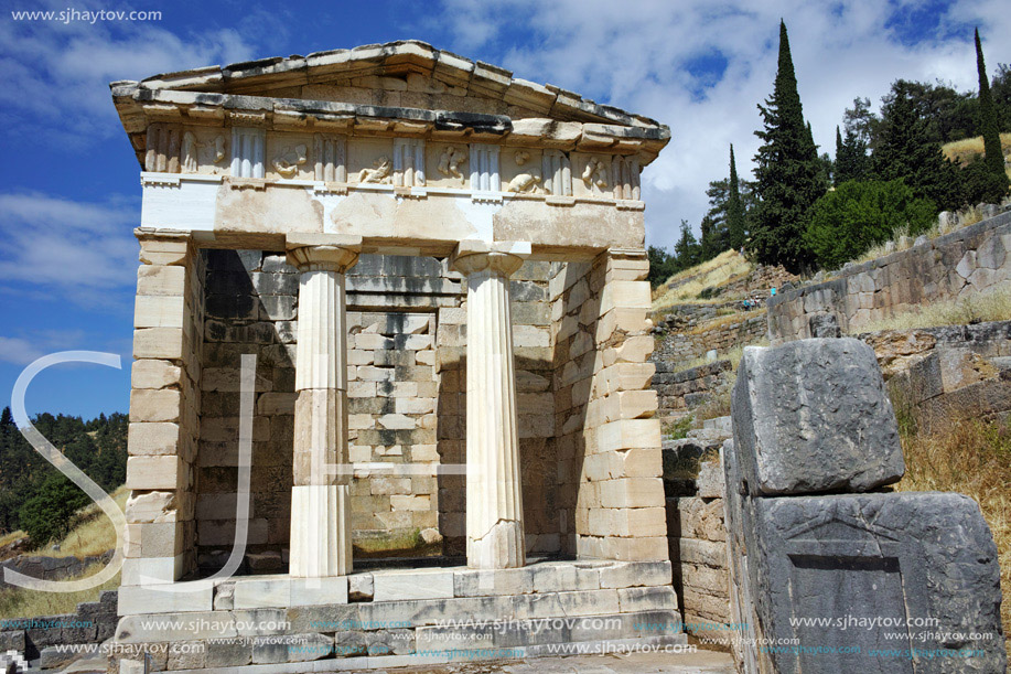Building of Treasury of Athens in Ancient Greek archaeological site of Delphi,Central Greece