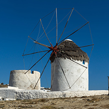 Amazing view of White windmills on the island of Mykonos, Cyclades, Greece