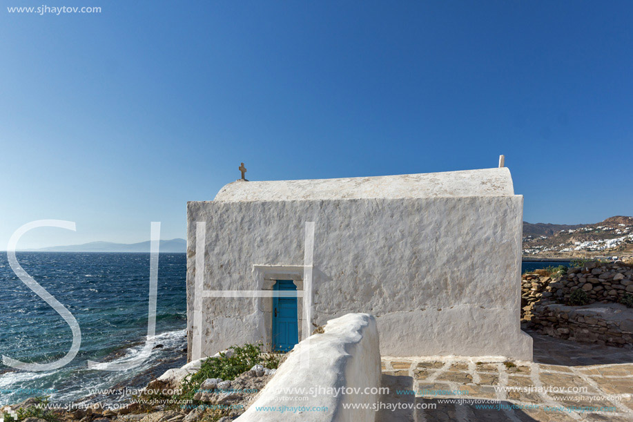 Small White orthodox church in Mykonos, Cyclades Islands, Greece