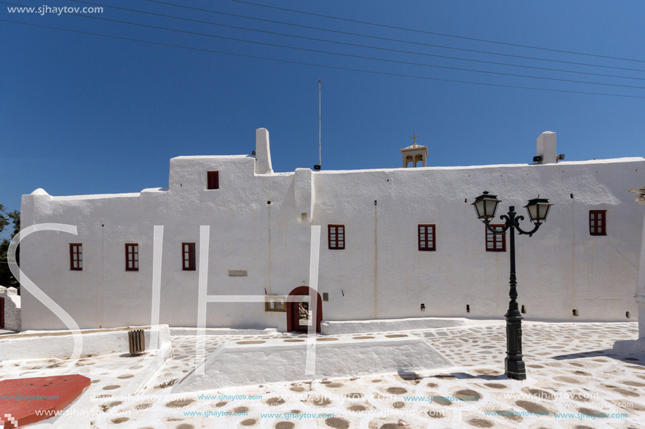 Frontal view of Panagia Tourliani monastery inTown of Ano Mera, island of Mykonos, Cyclades, Greece