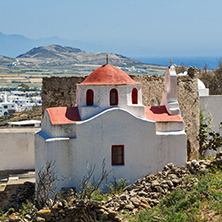 White church with red roof on Mykonos island, Cyclades, Greece