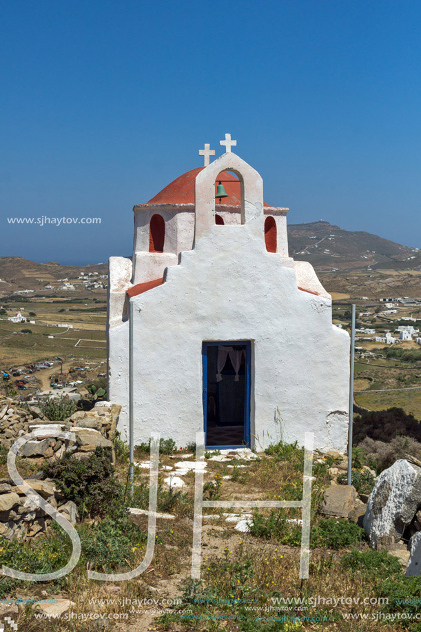 Frontal view of White church with red roof on Mykonos island, Cyclades, Greece