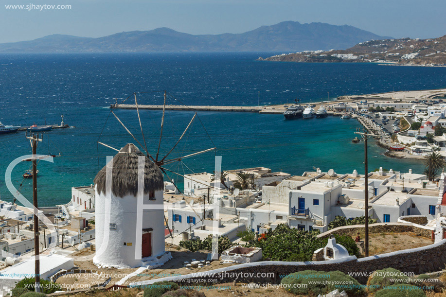 Panoramic view of Aegean sea and island of Mykonos, Cyclades, Greece